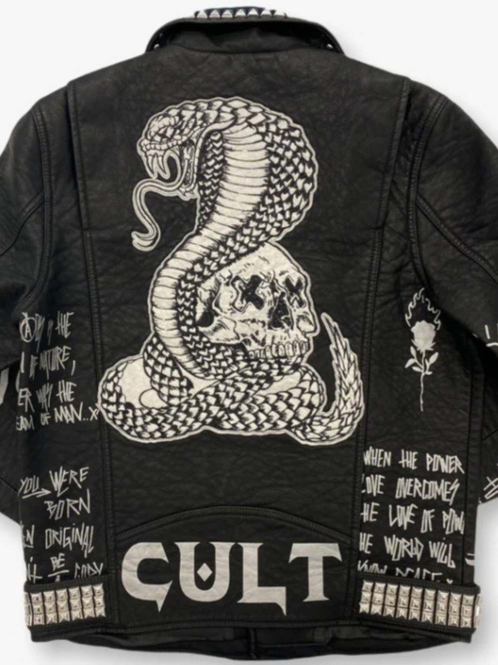 Black Studded Vegan Leather Jacket with Snake & Skull Graphic -Like New!